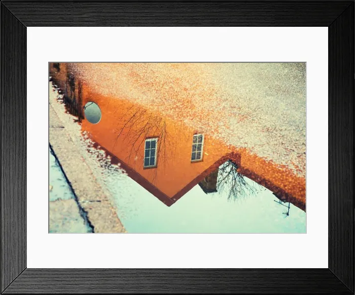 Framed Print : Reflection of a house in a puddle Framed Print : Reflection of a house in a puddle