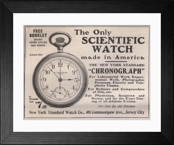 Framed Print : The only Scientific watch made in America the New York Standard Chronograph - New York standard watch Co Framed Print : The only Scientific watch made in America the New York Standard Chronograph - New York standard watch Co