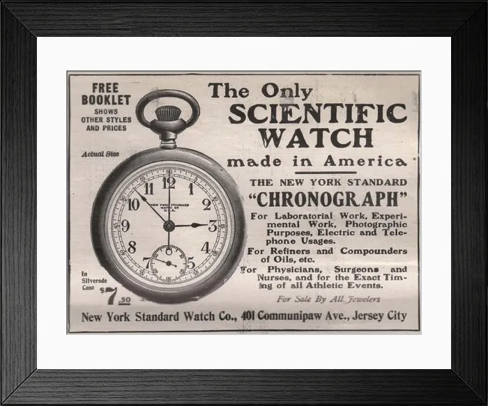 Framed Print : The only Scientific watch made in America the New York Standard Chronograph - New York standard watch Co Framed Print : The only Scientific watch made in America the New York Standard Chronograph - New York standard watch Co