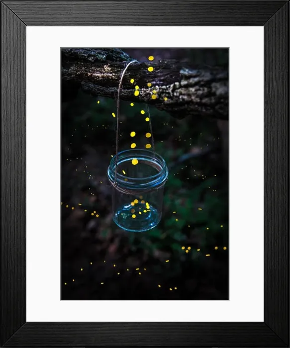 Framed Print : Fireflies flying away from a jar hanged on a tree in the forest Framed Print : Fireflies flying away from a jar hanged on a tree in the forest