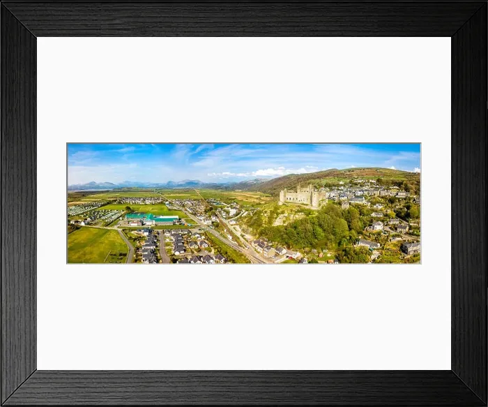 Framed Print : Aerial view of the skyline of Harlech with it's 12th century castle, Wales, United Kingdom Framed Print : Aerial view of the skyline of Harlech with it's 12th century castle, Wales, United Kingdom