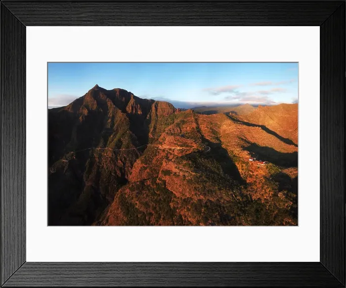 Framed Print : Aerial view of mountain road to Masca village on Tenerife at sunset, Canary Islands, Spain. Panorama Framed Print : Aerial view of mountain road to Masca village on Tenerife at sunset, Canary Islands, Spain. Panorama