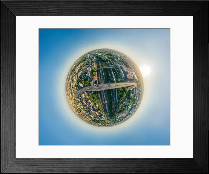 Framed Print : City Riga Bridge and train road drone sphere 360 vr view Framed Print : City Riga Bridge and train road drone sphere 360 vr view