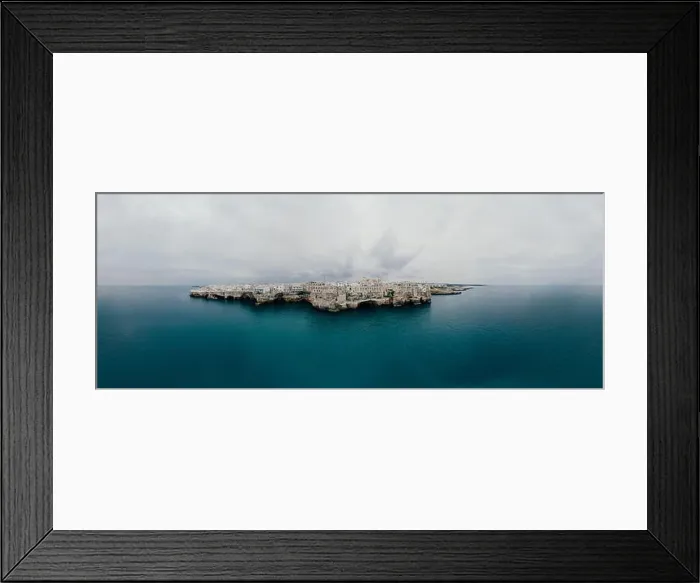 Framed Print : Polignano a Mare Apulia City Sea Coastline and white houses in Italy Drone 360 vr Framed Print : Polignano a Mare Apulia City Sea Coastline and white houses in Italy Drone 360 vr