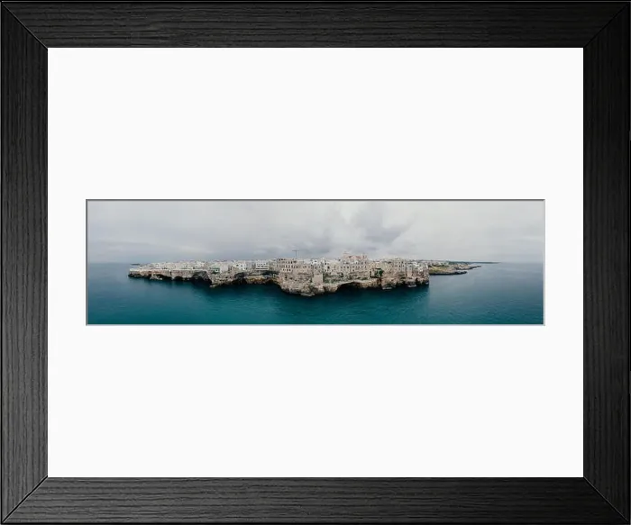 Framed Print : Polignano a Mare Apulia City Sea Coastline and white houses in Italy Drone 360 vr Framed Print : Polignano a Mare Apulia City Sea Coastline and white houses in Italy Drone 360 vr