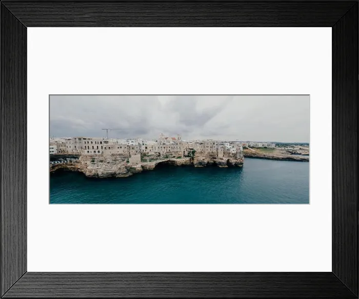 Framed Print : Polignano a Mare Apulia City Sea Coastline and white houses in Italy Drone 360 vr Framed Print : Polignano a Mare Apulia City Sea Coastline and white houses in Italy Drone 360 vr
