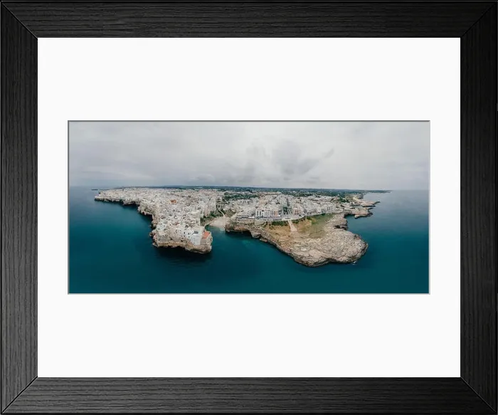 Framed Print : Polignano a Mare Apulia City Sea Coastline and white houses in Italy Drone 360 vr Framed Print : Polignano a Mare Apulia City Sea Coastline and white houses in Italy Drone 360 vr