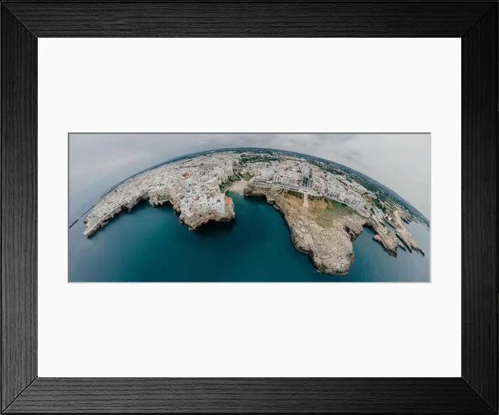 Framed Print : Polignano a Mare Apulia City Sea Coastline and white houses in Italy Drone 360 vr Framed Print : Polignano a Mare Apulia City Sea Coastline and white houses in Italy Drone 360 vr