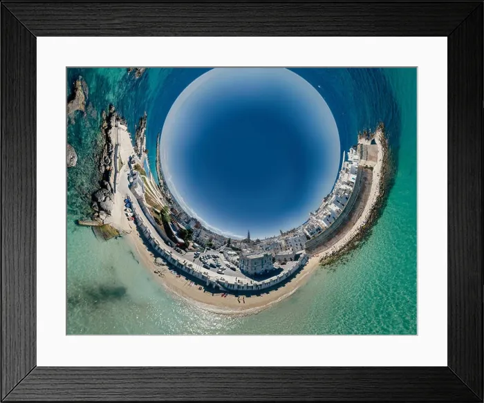 Framed Print : Monopoli Apulia City near the Sea Coastline blue in Italy Drone 360 vr