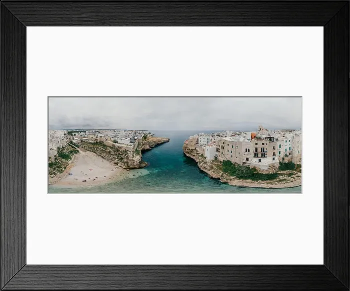 Framed Print : Old white city near blue the Sea Polignano Apulia Coastline blue in Italy Drone 360 vr Framed Print : Old white city near blue the Sea Polignano Apulia Coastline blue in Italy Drone 360 vr