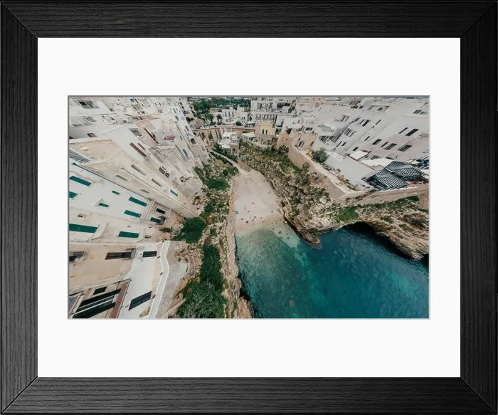 Framed Print : Old white city near blue the Sea Polignano Apulia Coastline blue in Italy Drone 360 vr