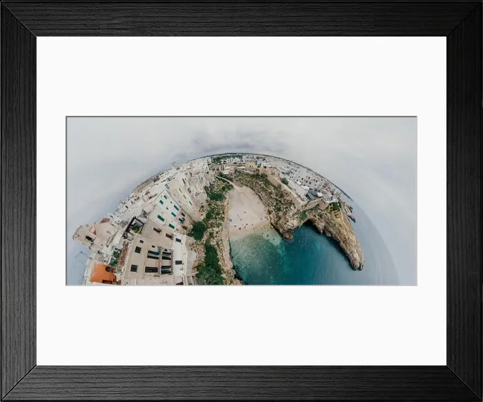 Framed Print : Old white city near blue the Sea Polignano Apulia Coastline blue in Italy Drone 360 vr Framed Print : Old white city near blue the Sea Polignano Apulia Coastline blue in Italy Drone 360 vr