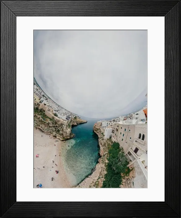 Framed Print : Old white city near blue the Sea Polignano Apulia Coastline blue in Italy Drone 360 vr Framed Print : Old white city near blue the Sea Polignano Apulia Coastline blue in Italy Drone 360 vr