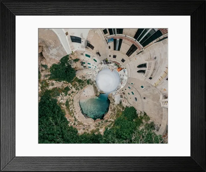 Framed Print : Old white city near blue the Sea Polignano Apulia Coastline blue in Italy Drone 360 vr Framed Print : Old white city near blue the Sea Polignano Apulia Coastline blue in Italy Drone 360 vr