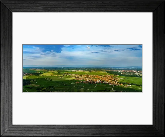 Framed Print : Wide aerial high resolution panoramic view of sunset over the green valley of vineyards, Alsace, France
