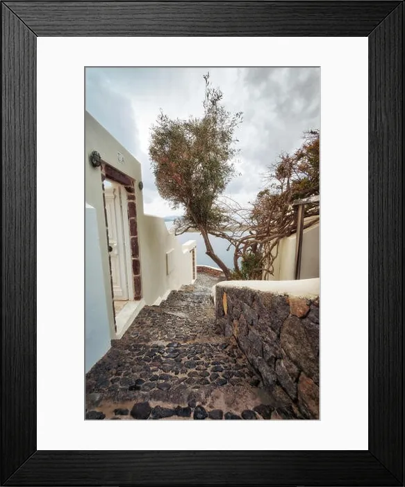 Framed Print : Alleyway with a tree in Santorini taken in January 2018 Framed Print : Alleyway with a tree in Santorini taken in January 2018