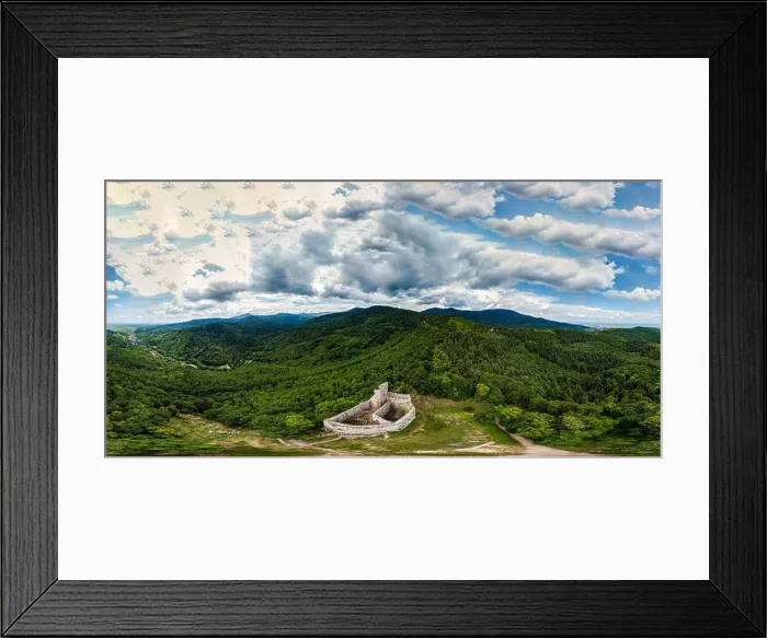 Framed Print : 360-degree panoramic aerial view from drone to Vosges mountains and ruins of medieval castle Spesbourg Framed Print : 360-degree panoramic aerial view from drone to Vosges mountains and ruins of medieval castle Spesbourg