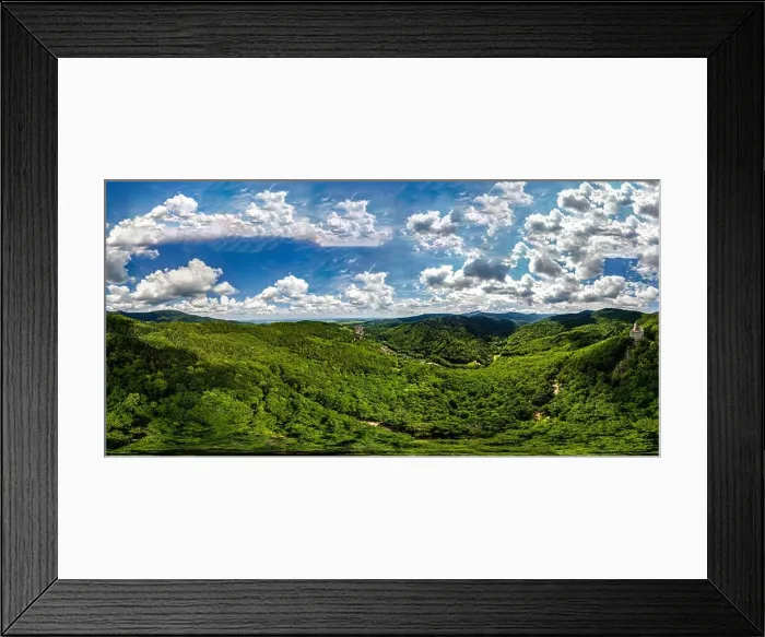 Framed Print : 360-degree panoramic aerial view from drone to Vosges mountains and ruins of medieval castle Spesbourg Framed Print : 360-degree panoramic aerial view from drone to Vosges mountains and ruins of medieval castle Spesbourg