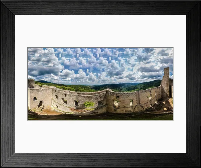 Framed Print : 360-degree panoramic aerial view from drone to Vosges mountains and ruins of medieval castle Spesbourg Framed Print : 360-degree panoramic aerial view from drone to Vosges mountains and ruins of medieval castle Spesbourg