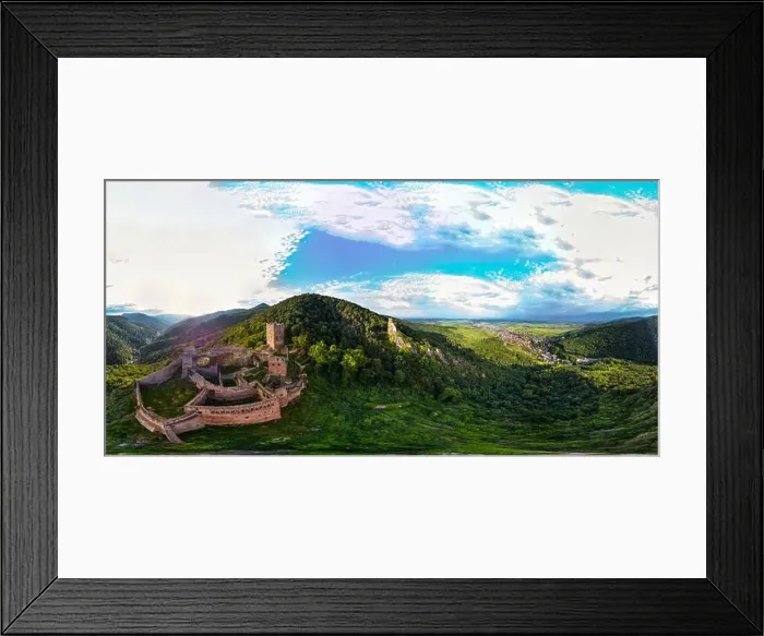 Framed Print : 360-degree panoramic aerial view from drone to Vosges mountains and ruins of medieval castles Saint-Ulrich and Girsberg Framed Print : 360-degree panoramic aerial view from drone to Vosges mountains and ruins of medieval castles Saint-Ulrich and Girsberg