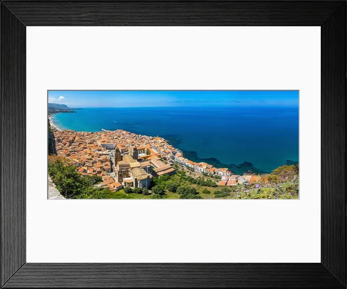 Framed Print : Panoramic aerial view of Cefalu old town, Sicily, Italy. Cefalu is one of the major tourist attractions in the region Framed Print : Panoramic aerial view of Cefalu old town, Sicily, Italy. Cefalu is one of the major tourist attractions in the region