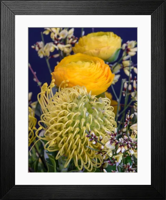 Framed Print : Fine art still life natural floral color close up of a flower bouquet with buttercups and proteas