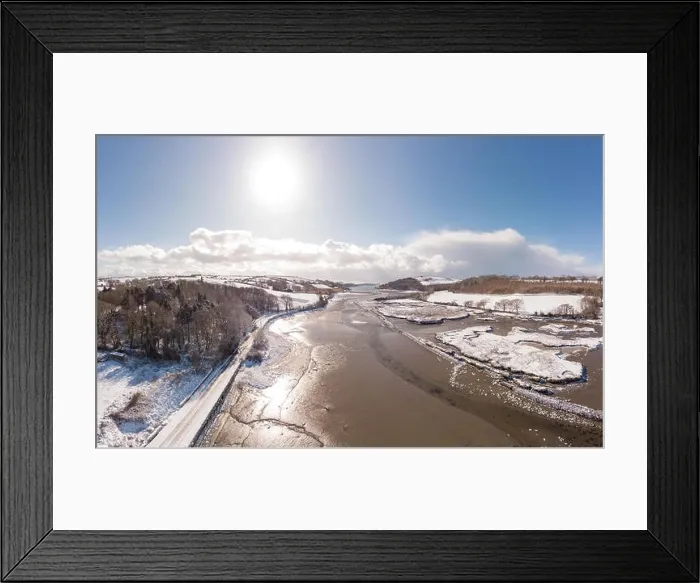 Framed Print : Aerial view of snowy landscape and river Framed Print : Aerial view of snowy landscape and river