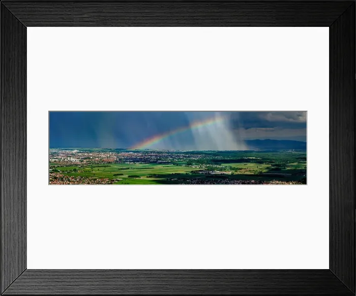 Framed Print : Aerial panoramic view of the rainbow over the green valley, Alsace, France Framed Print : Aerial panoramic view of the rainbow over the green valley, Alsace, France