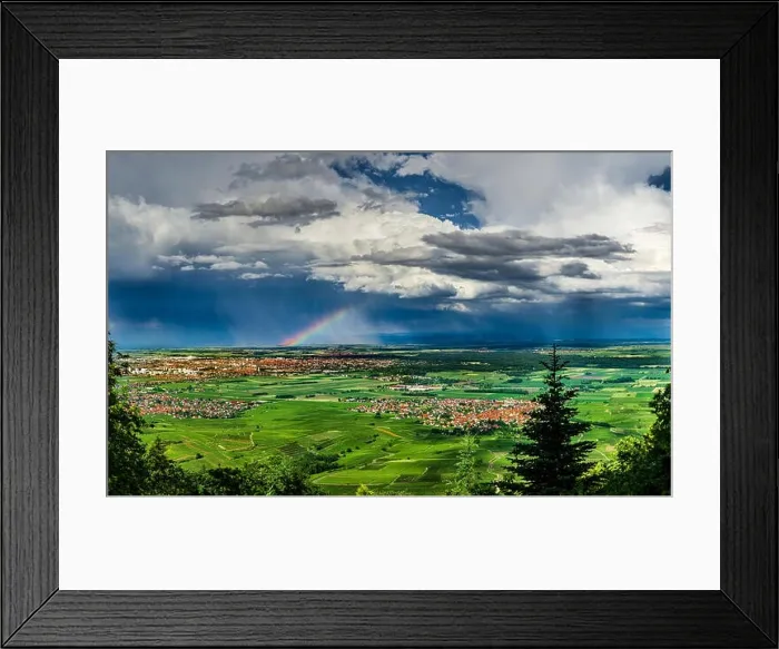 Framed Print : Aerial panoramic view of the rainbow over the green valley, drone shooting, Alsace, France Framed Print : Aerial panoramic view of the rainbow over the green valley, drone shooting, Alsace, France