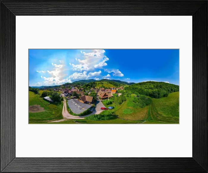 Framed Print : 360-degree spherical panoramic view of little village Breitenbach in Vosges mountains, Alsace, France