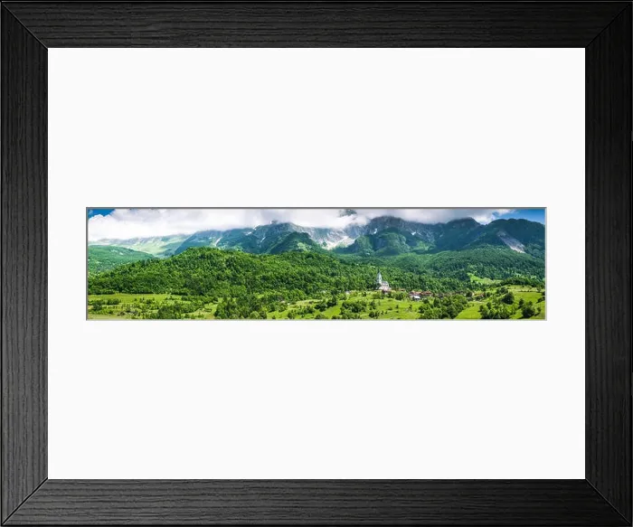 Framed Print : Panoramic image of Slovenia Julian Alps, farmland and village Framed Print : Panoramic image of Slovenia Julian Alps, farmland and village