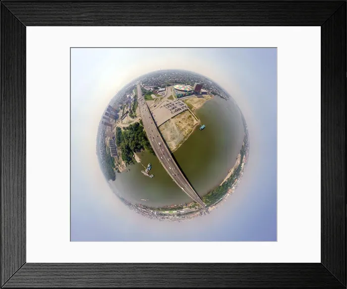 Framed Print : Helicopter drone shot. Aerial photography of a river with bridge Framed Print : Helicopter drone shot. Aerial photography of a river with bridge