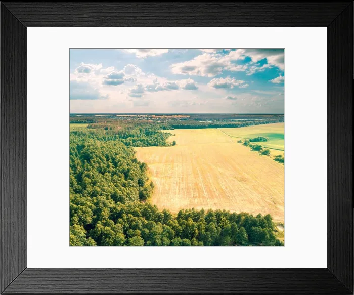 Framed Print : Aerial drone view of the countryside, arable field, and forest. Rural landscape with beautiful cloudy sky Framed Print : Aerial drone view of the countryside, arable field, and forest. Rural landscape with beautiful cloudy sky