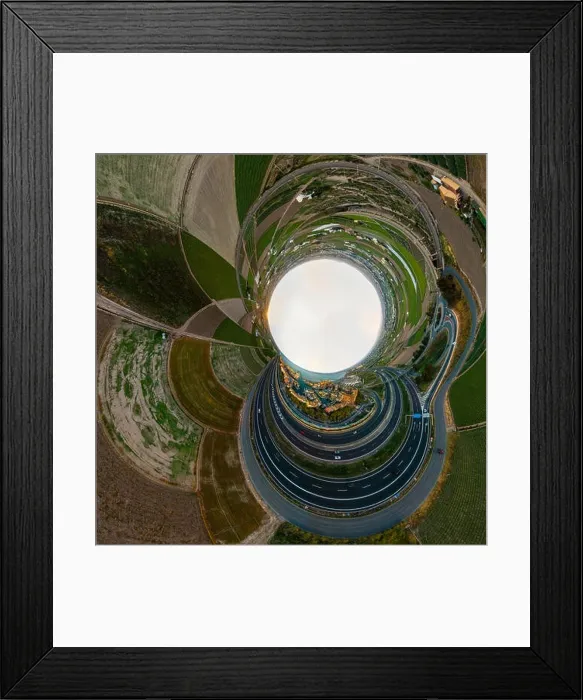 Framed Print : 360 view from the air to the entrance to Port Saplaya Bay and agrarian fields around during a bright sunset. Valencia Framed Print : 360 view from the air to the entrance to Port Saplaya Bay and agrarian fields around during a bright sunset. Valencia