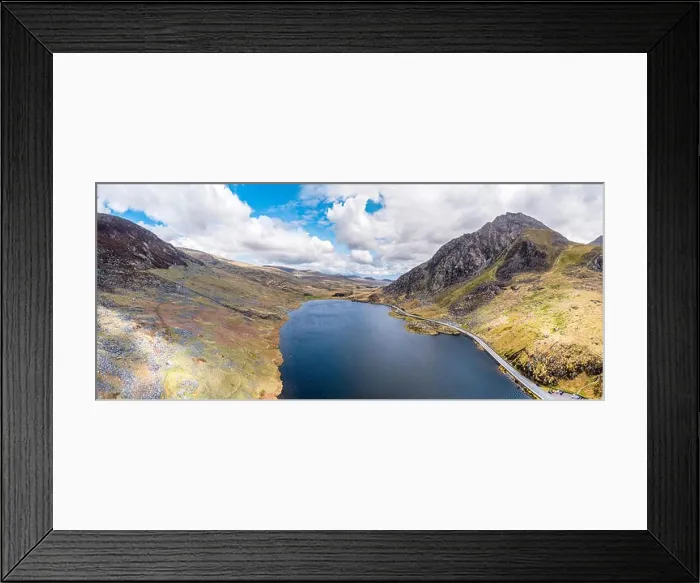 Framed Print : Aerial view of Ogwen valley with Llyn Ogwen in Snowdonia, Gwynedd, North Wales, UK - Great Britain, Europe Framed Print : Aerial view of Ogwen valley with Llyn Ogwen in Snowdonia, Gwynedd, North Wales, UK - Great Britain, Europe