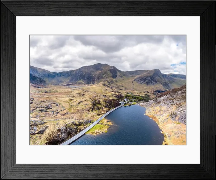 Framed Print : Aerial view of Ogwen valley with Llyn Ogwen in Snowdonia, Gwynedd, North Wales, UK - Great Britain, Europe Framed Print : Aerial view of Ogwen valley with Llyn Ogwen in Snowdonia, Gwynedd, North Wales, UK - Great Britain, Europe