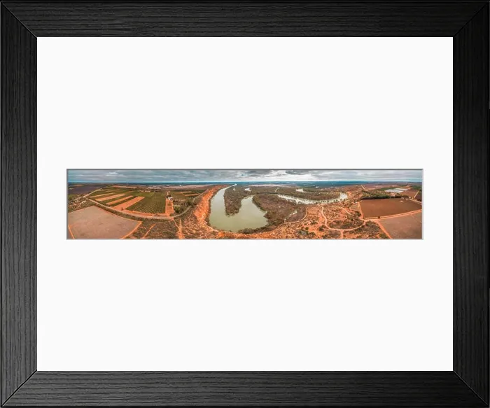 Framed Print : Wide aerial panorama of agricultural fields and winding iconic Murray River in Riverland region of South Australia Framed Print : Wide aerial panorama of agricultural fields and winding iconic Murray River in Riverland region of South Australia
