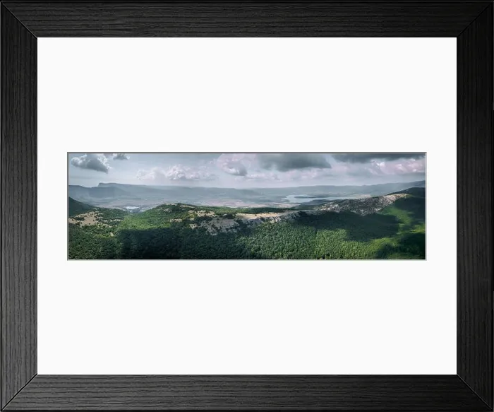 Framed Print : 360 panorama aerial view of valley with lake among mountains in summer Framed Print : 360 panorama aerial view of valley with lake among mountains in summer