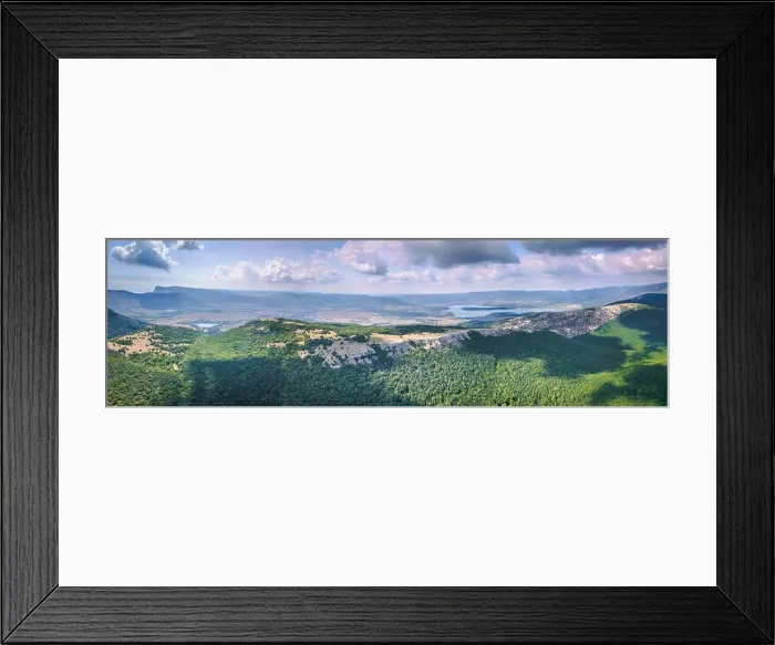Framed Print : 360 panorama aerial view of valley with lake among mountains in summer Framed Print : 360 panorama aerial view of valley with lake among mountains in summer