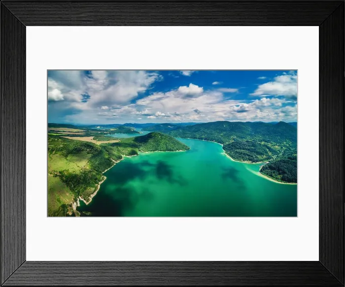 Framed Print : Aerial top view of lake between mountain forest, beautiful panorama Framed Print : Aerial top view of lake between mountain forest, beautiful panorama
