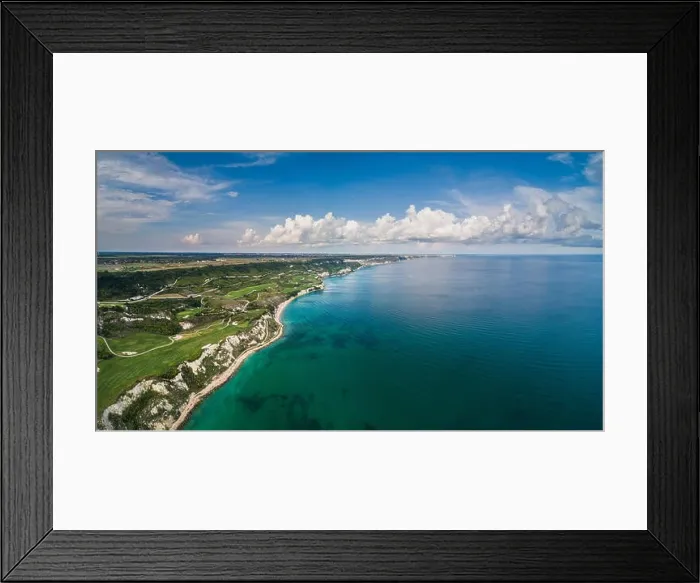Framed Print : Aerial drone view of a golf course next to the cliffs and Black sea. Golfing fields landscape Framed Print : Aerial drone view of a golf course next to the cliffs and Black sea. Golfing fields landscape