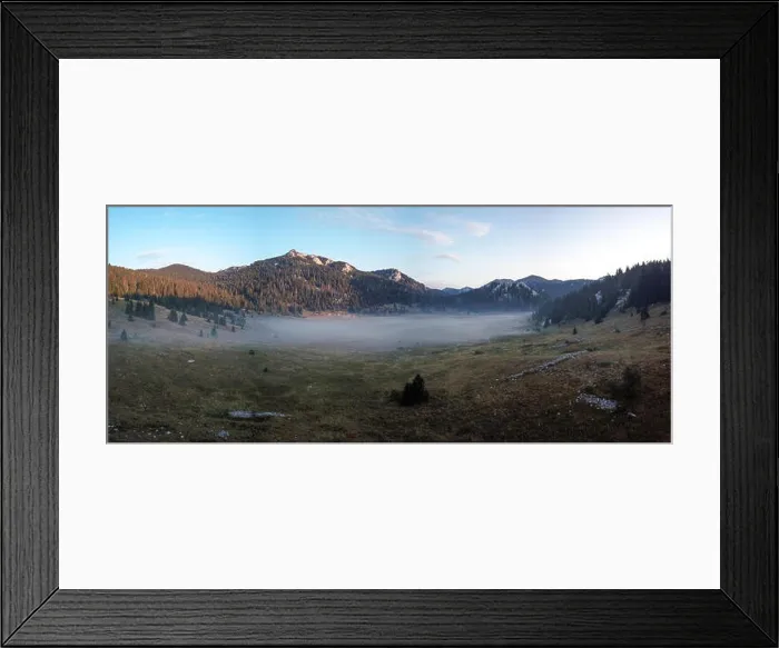 Framed Print : Early morning mist at Veliki Lubenovac, Northern Velebit, Croatia