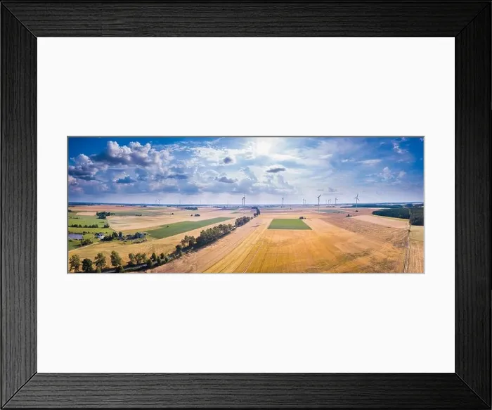 Framed Print : Aerial with fields at summer and windmill farm. Polish landscape Framed Print : Aerial with fields at summer and windmill farm. Polish landscape