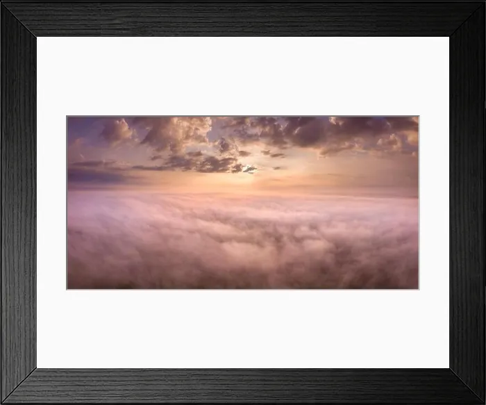 Framed Print : Beautiful foggy sunrise panoramic landscape from drone. Magical sunrise over the clouds Framed Print : Beautiful foggy sunrise panoramic landscape from drone. Magical sunrise over the clouds