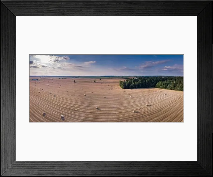 Framed Print : Aerial: stubble field with straw bales at late summer. Polish landscape from drone Framed Print : Aerial: stubble field with straw bales at late summer. Polish landscape from drone