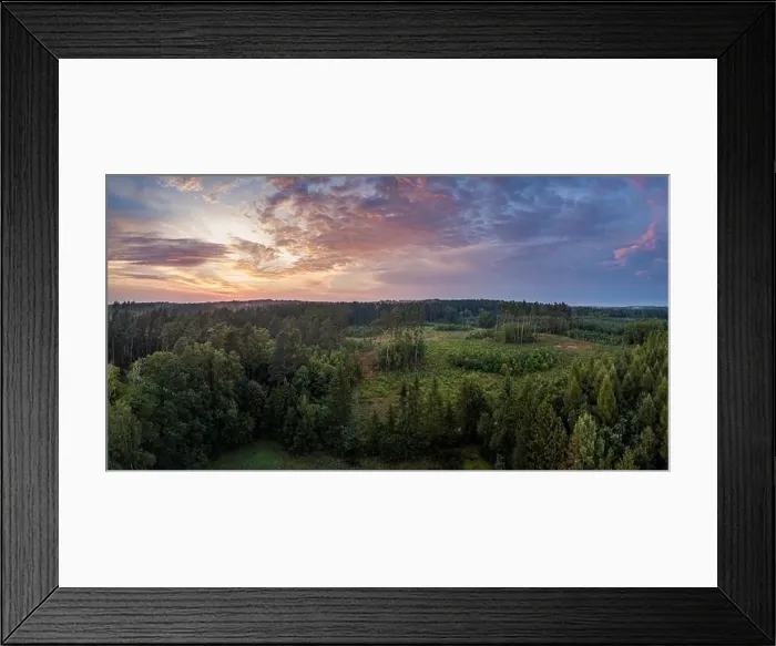 Framed Print : Aerial: Summer sunset over foggy forest. Beautiful drone landscape Framed Print : Aerial: Summer sunset over foggy forest. Beautiful drone landscape