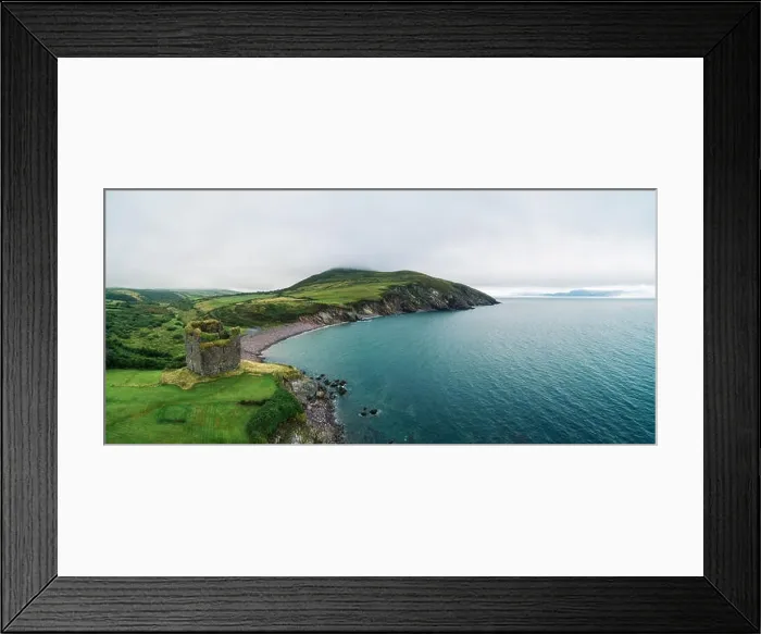 Framed Print : Aerial panorama of the Minard Castle situated on the rocky beach of the Dingle Peninsula with views across the Irish Framed Print : Aerial panorama of the Minard Castle situated on the rocky beach of the Dingle Peninsula with views across the Irish