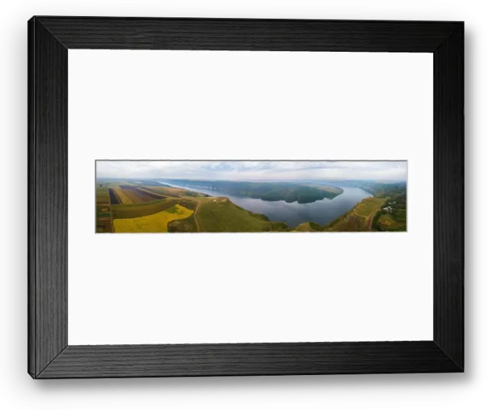 Framed Print : Panorama of big river canyon, village and rural fields on hills Framed Print : Panorama of big river canyon, village and rural fields on hills