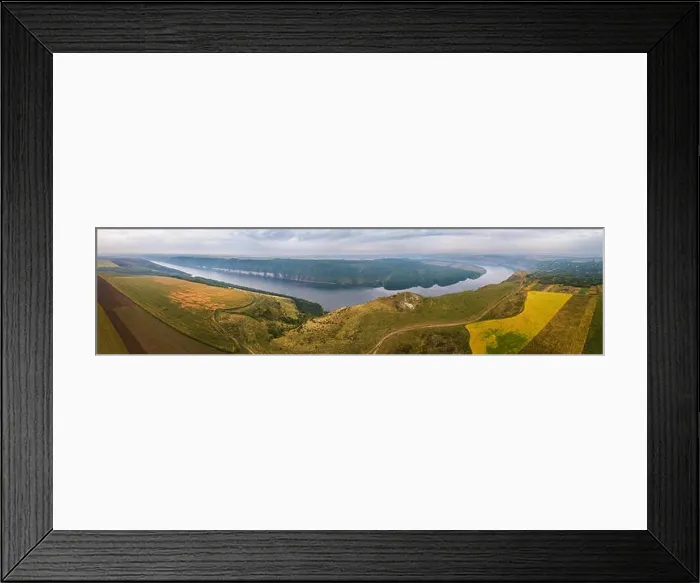Framed Print : Panorama of big river canyon, village and rural fields on hills Framed Print : Panorama of big river canyon, village and rural fields on hills