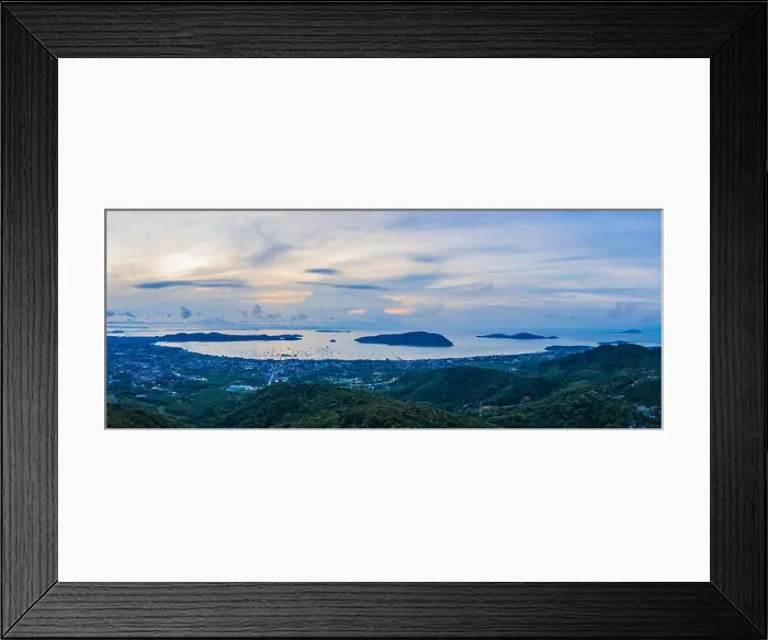 Framed Print : sunrise above Chalong sea aerial view 360 degree view on Phuket big Buddha viewpoint Framed Print : sunrise above Chalong sea aerial view 360 degree view on Phuket big Buddha viewpoint